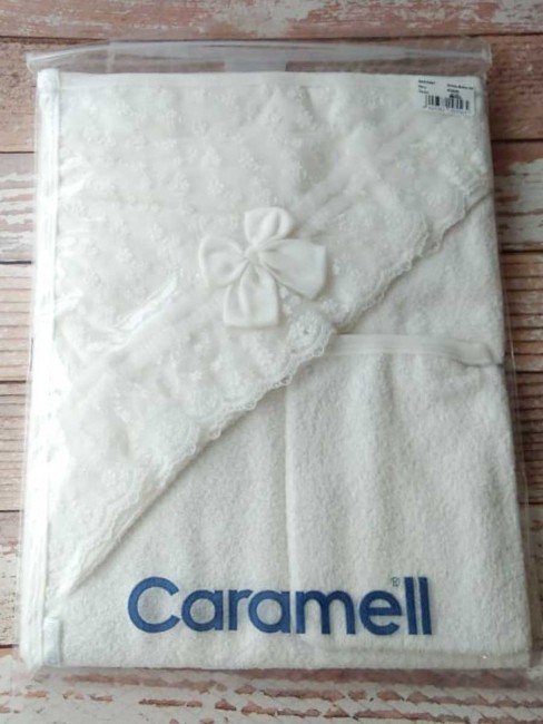 Детское полотенце с кружевом и рукавичка Caramell экрю