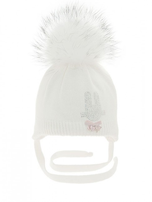Белая зимняя шапка с помпоном и стразами Mialt Пуговка