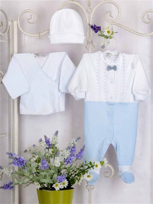 Комплект на выписку для новорожденных 3 предмета, белый/голубой