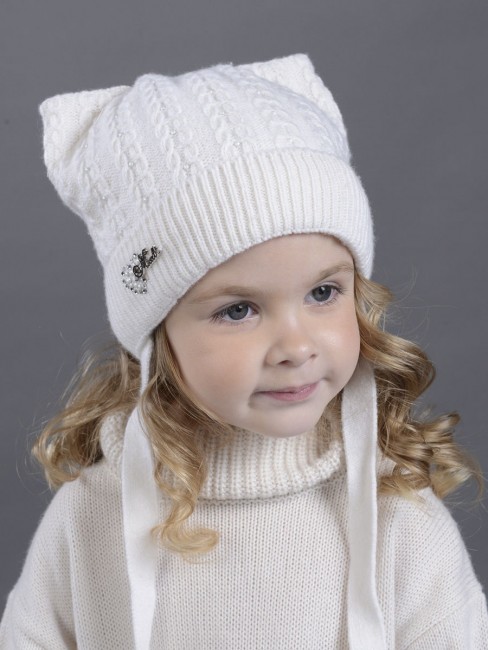 Детская вязаная шапка Колосок утепленная, цвет белый