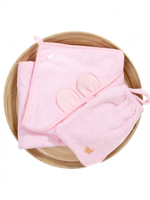 Нежно-розовое махровое полотенце для купания в комплекте с варежкой